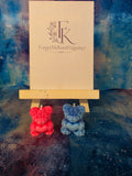 Pink Champagne and blue teddy bear candles holding hearts, ForgetMeKnot Fragrance