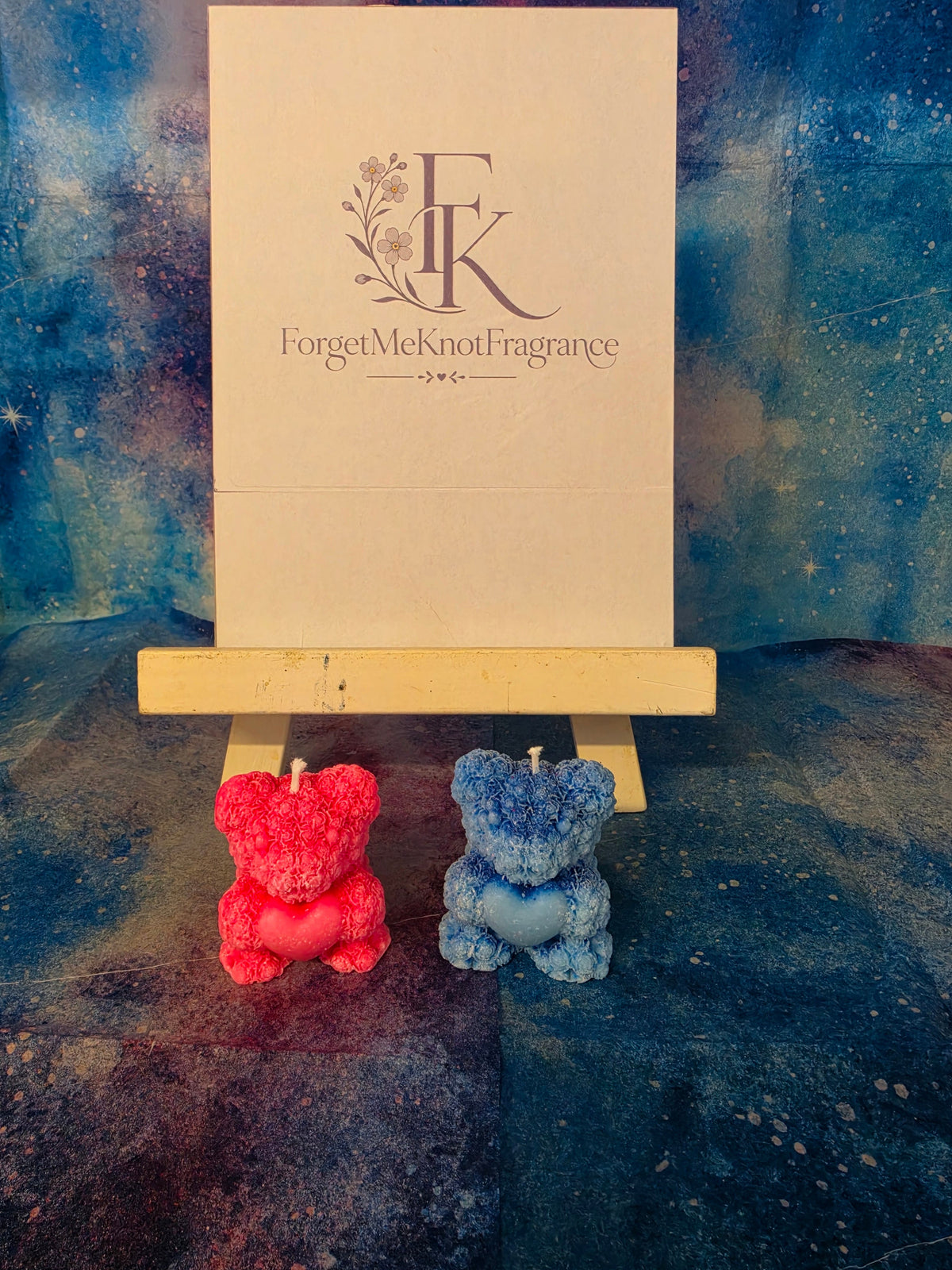 Pink Champagne and blue teddy bear candles holding hearts, ForgetMeKnot Fragrance