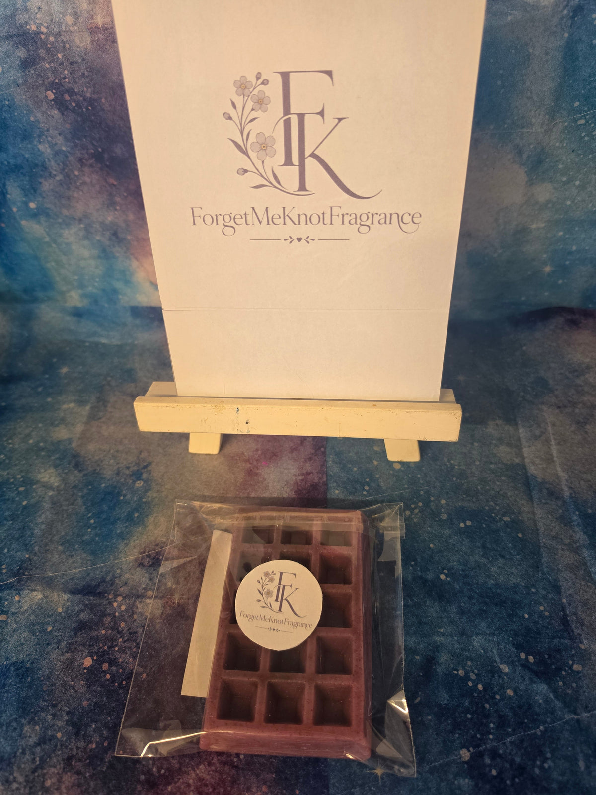 Random scented large waffle bar wax melt in branded ForgetMeKnot Fragrance packaging