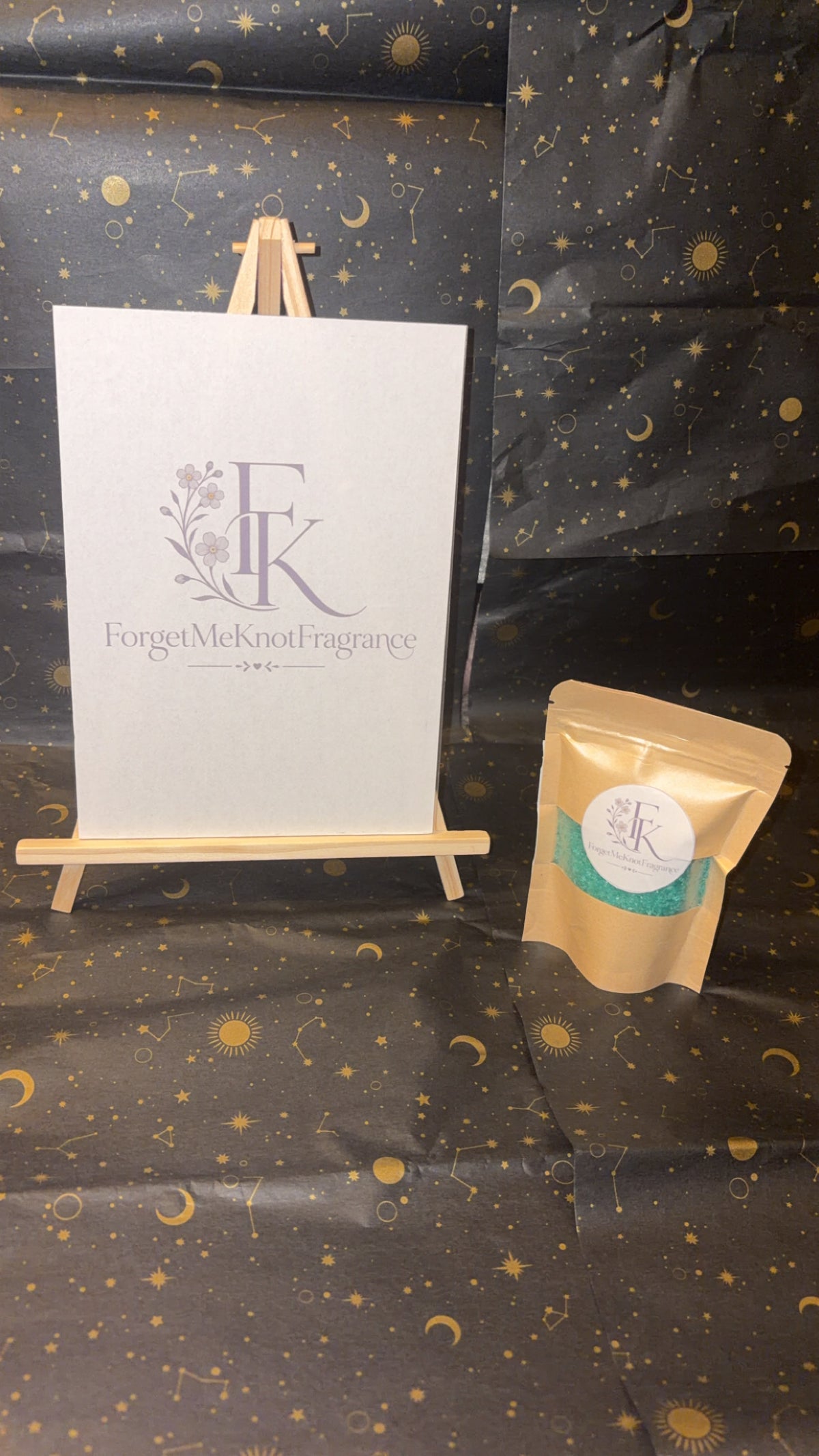 Frosted Eucalyptus Bath Salts in branded ForgetMeKnot Fragrance kraft pouch