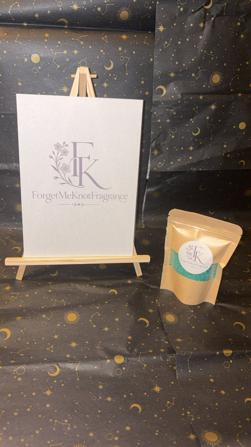 Frosted Eucalyptus Bath Salts in branded ForgetMeKnot Fragrance kraft pouch